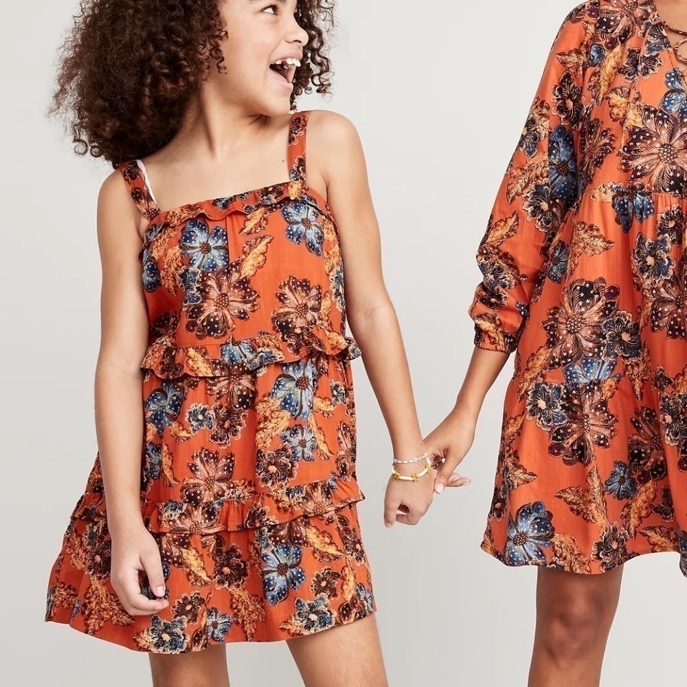 Old Navy Girl's Orange Floral Printed Sleeveless Tiered Swing Dress XL 14-16 NWT